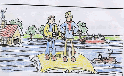 Dibujo de una inundación con 2 personas en el techo del coche y el agua a la altura de este. Agua de la riada que cubre todo el paisaje.