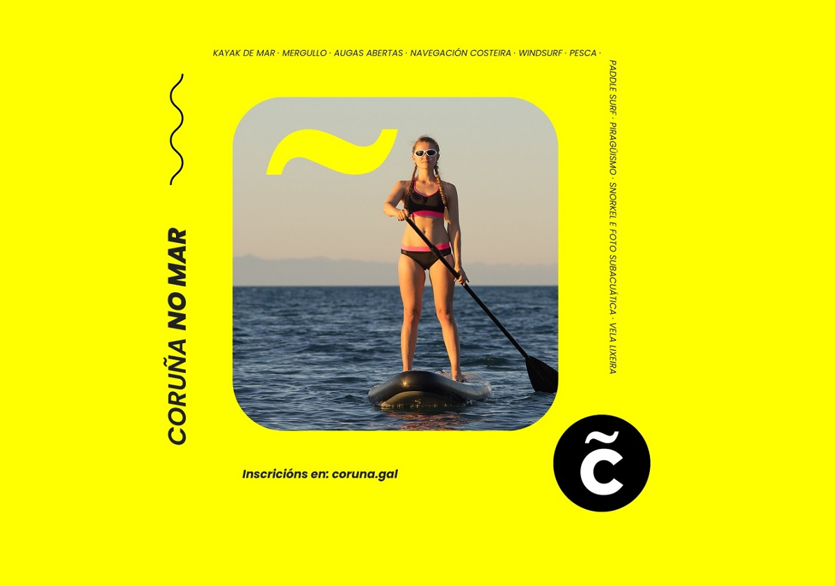 Imaxe dunha muller facendo paddle surf para a promoción do Programa Coruña no Mar 2022