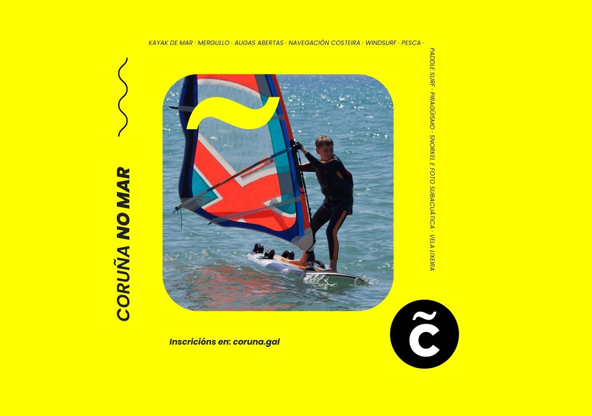 Imaxe dun rapaz facendo windsurf para a promoción do Programa Coruña no Mar 2022