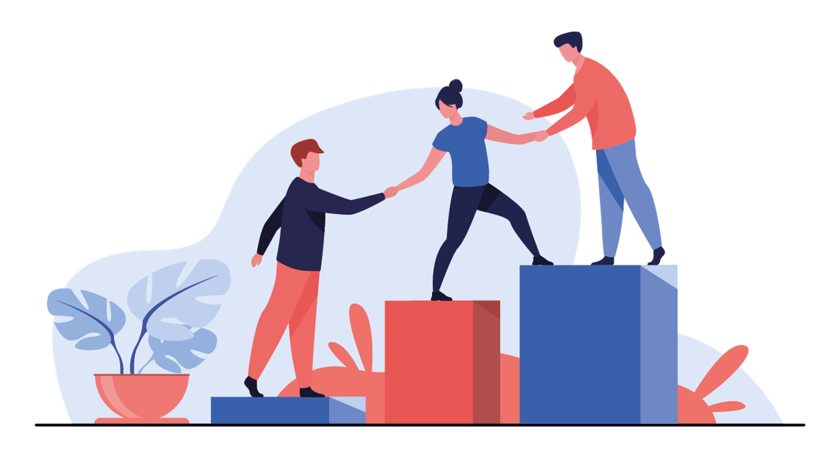 Ilustración de tres personas de la mano