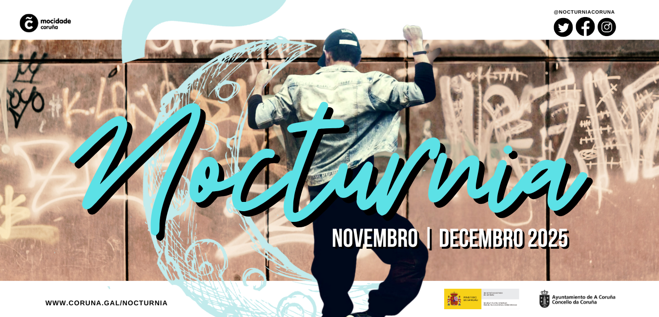 Banner co texto: Nocturnia novembro-decembro 2025 e a ilustración dunha persoa facendo skate