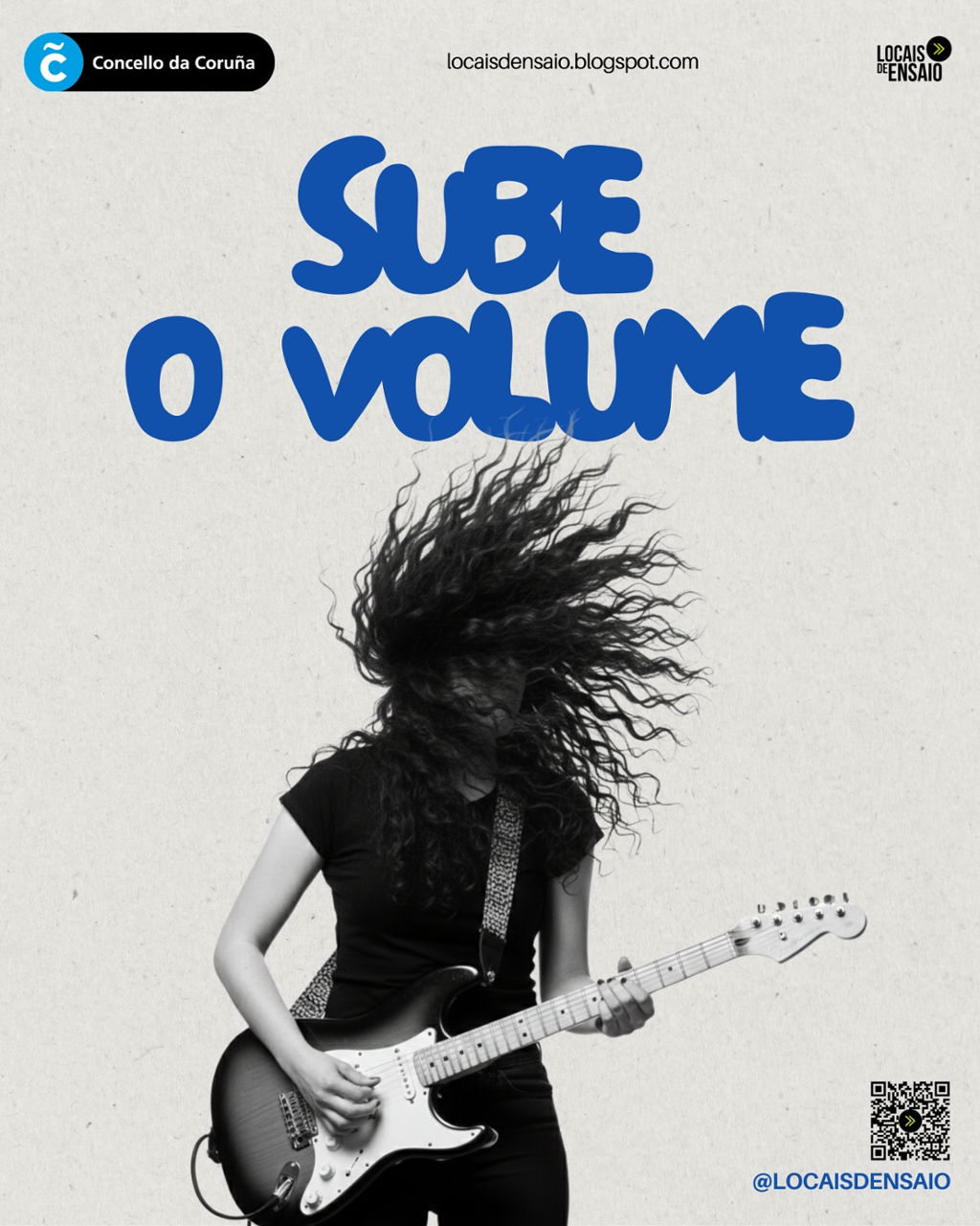 Cartel da convocatoria, persoa nova tocando a guitarra eléctrica.