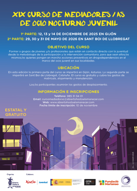Cartel do curso de formación de mediadorXs en lecer nonturno xuvenil.