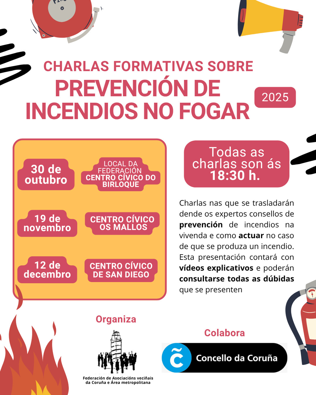 cartel charlas onde se informa dos lugares, datas, horario e obxectivos