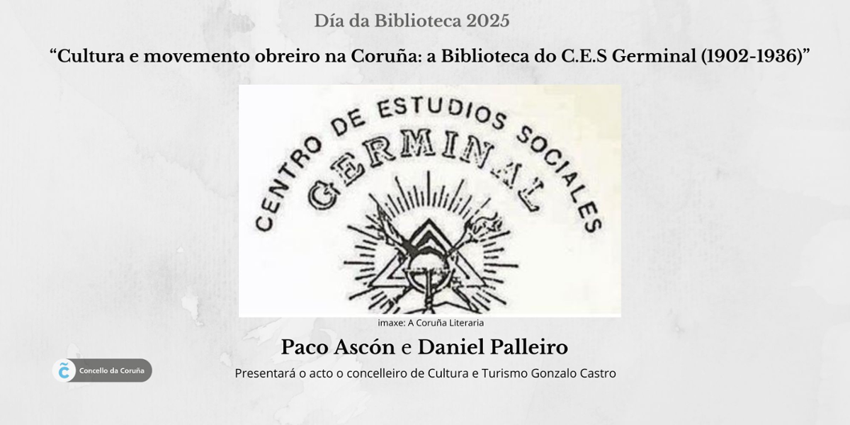 A imaxe é unha cartel onde  aparecen o título da conferencia, os participantes e unha imaxe do selo da biblioteca Germinal