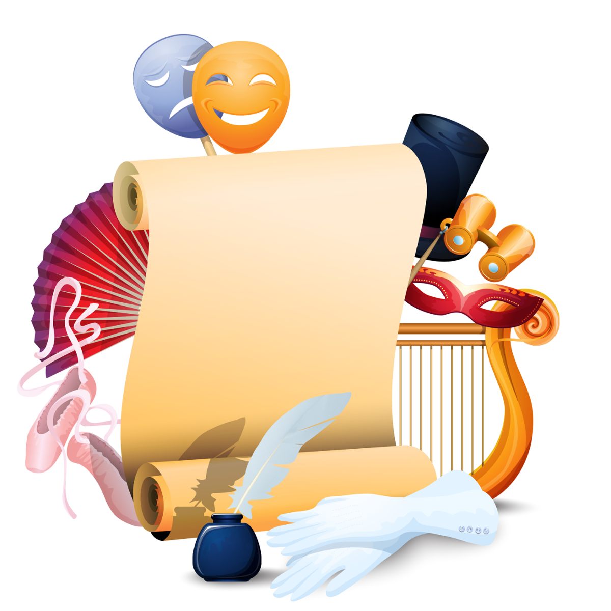 Pergamiño rodeado de elementos teatrais como máscaras, antifaces...