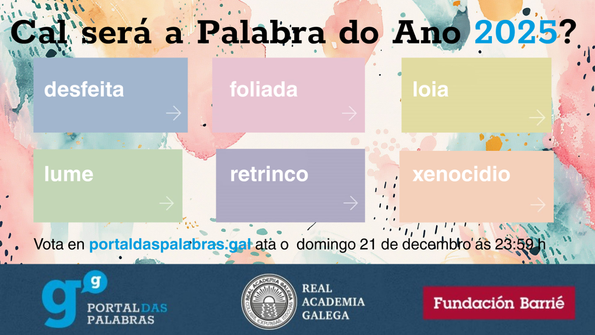 Cartel palabra do ano, fase votación: desfeita, foliada, loia, lume, retrinco e xenocidio