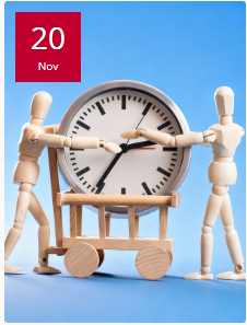 Infografía de dous bonecos de madeira movendo as agullas dun reloxo.