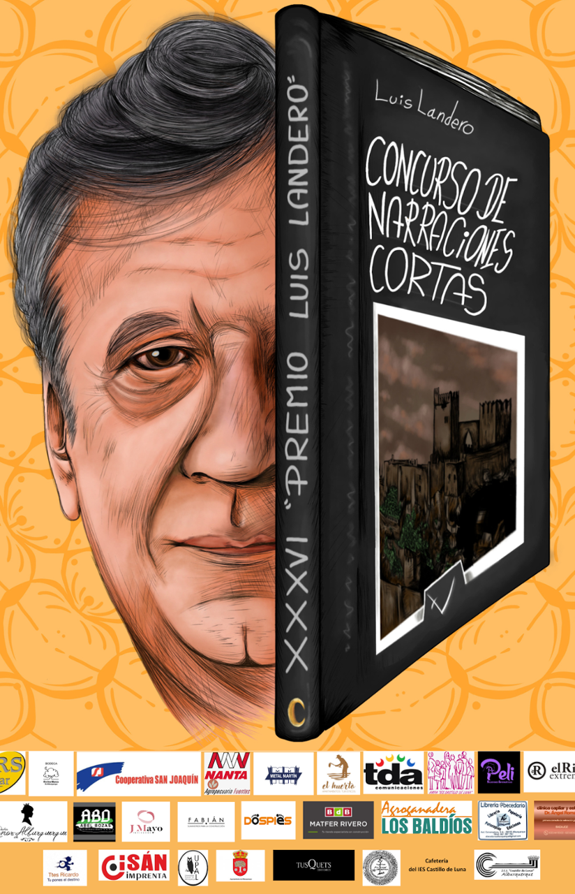 Dibujo de media cara deLuis Landero y, en la otra media libro cerrado que en su portada lleva el texto: concurso de narraciones cortas
