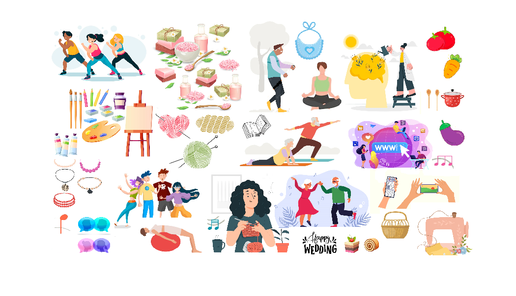 debuxos de diferentes actividades de tempo libre