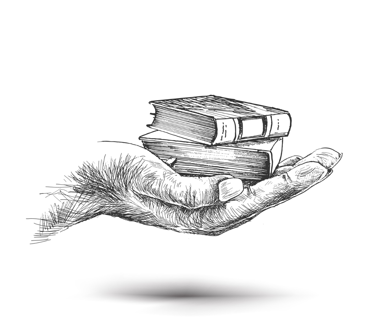 Debuxo dunha man sostendo dous libros na palma