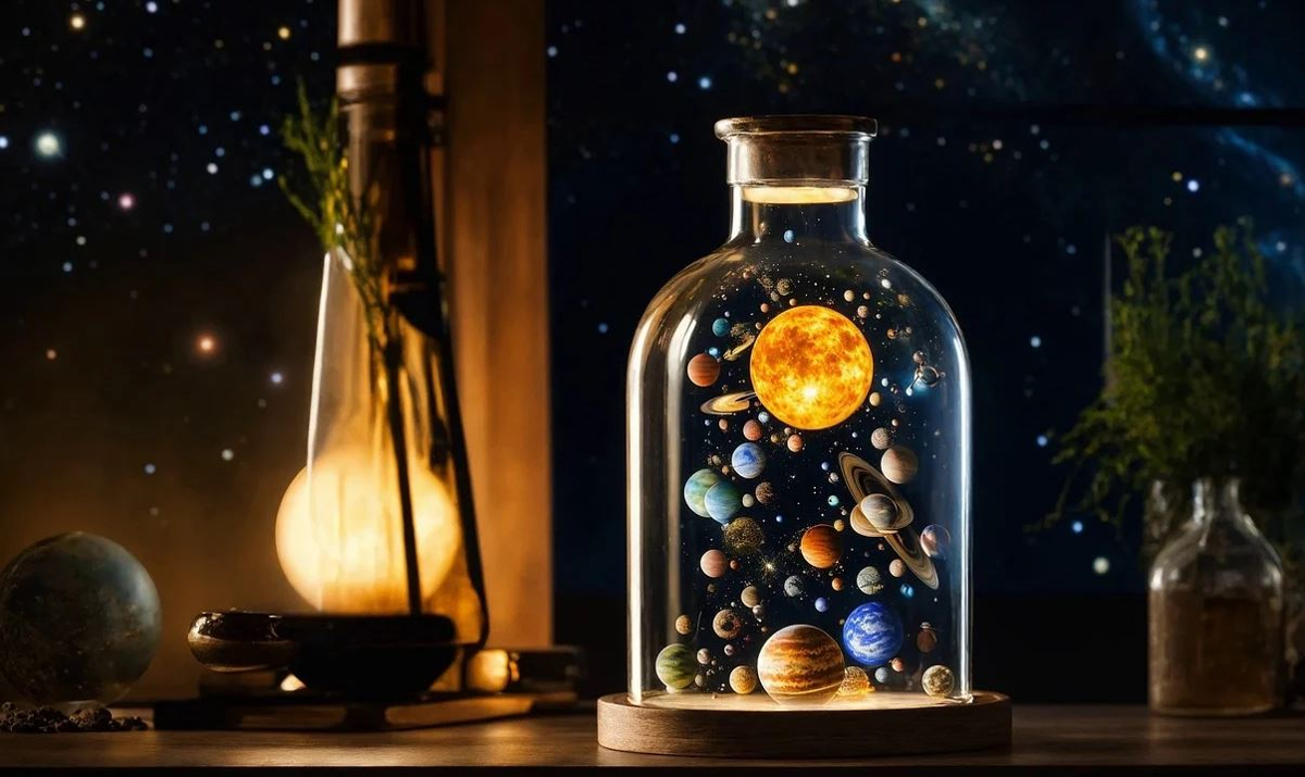 Planetas dentro dunha botella de cristal.