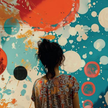 mujer de espaldas admirando un cuadro de pintura abstracta