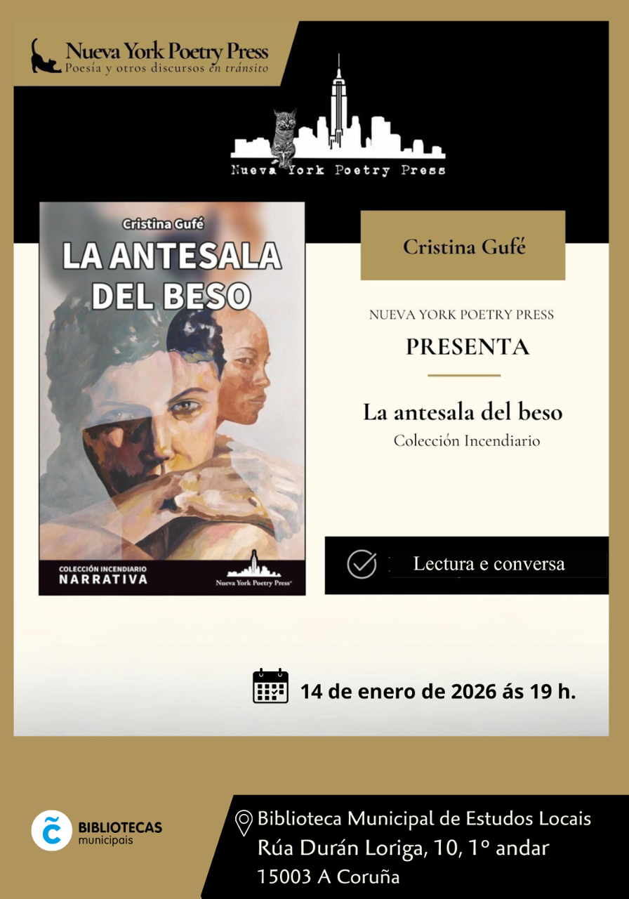 Imaxe do cartel anunciador da presentación do libro. Inclúe a imaxe da cuberta do libro, o nome da autora e os datos da celebración da presentación: lugar, día e hora