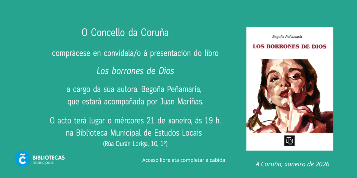 Imaxe do cartel anunciador da presentación do libro. Inclúe a imaxe da cuberta do libro, o nome da autora e os datos da celebración da presentación na biblioteca: lugar, día e hora