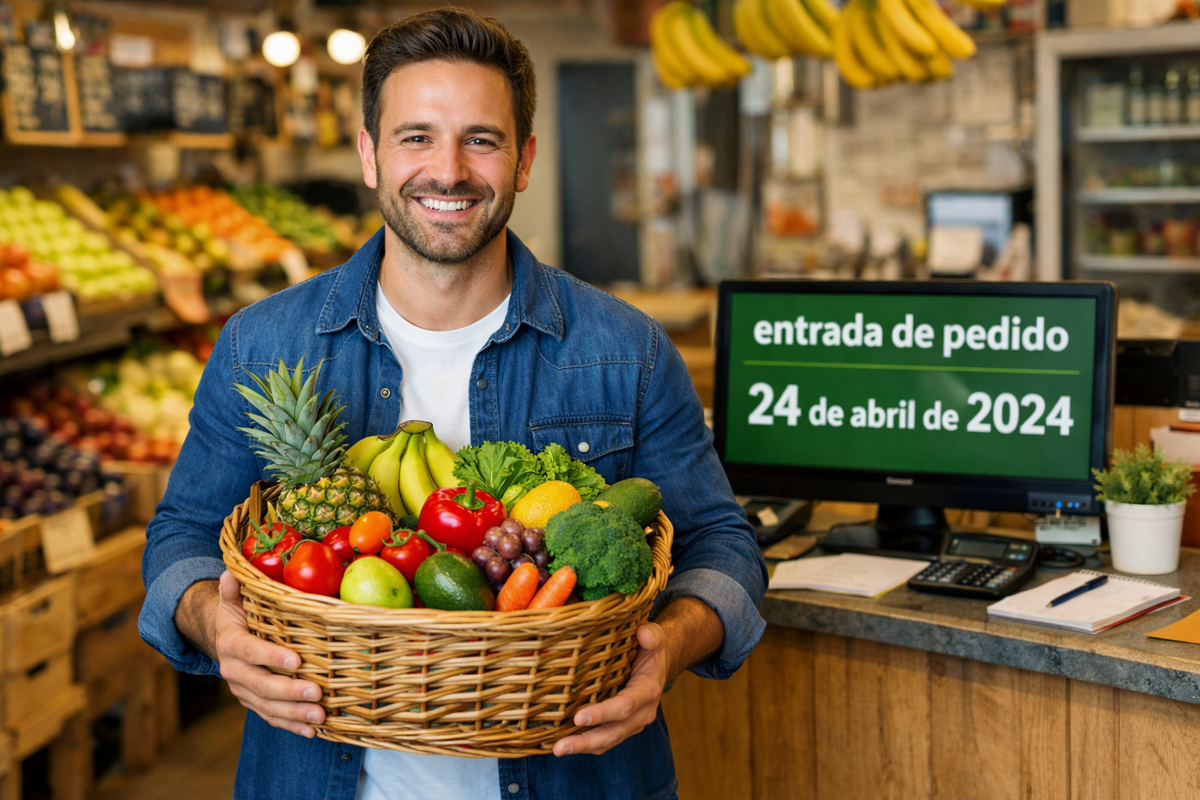 Hombre en frutería con una cesta en la mano
