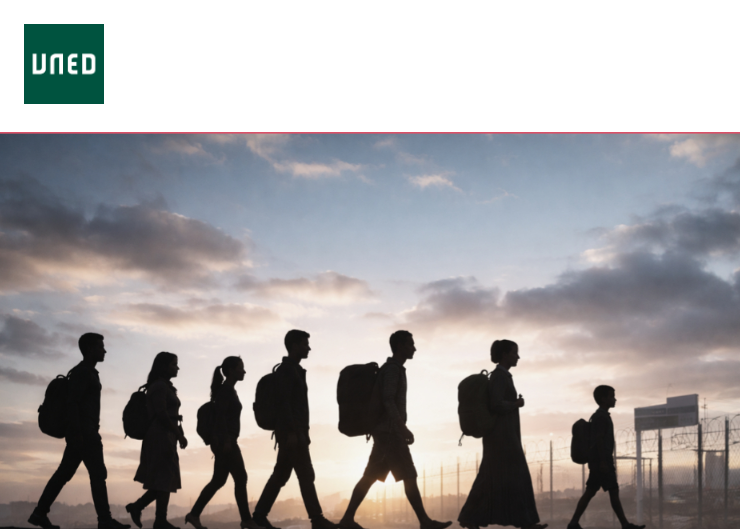 Persoas camiñando en fila con mochilas