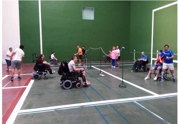 Fotografía dun grupo de persoas con discapacidade practicando deporte nunha cancha.