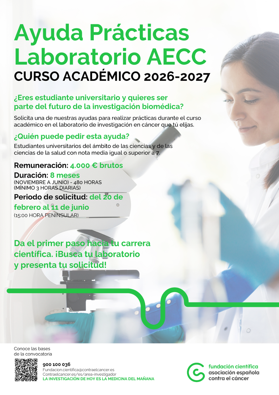 cartel da convocatoria: fotografía dunha persoa nova utilizando un microscopio nun laboratorio.