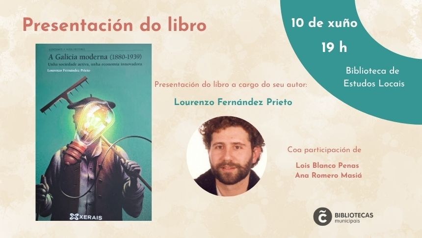 Imaxe coa portada do libro, retrato do autor e datos de día, hora e participantes