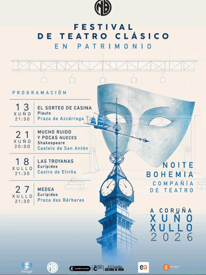 Cartel do evento. Máscara de teatro greco latina
