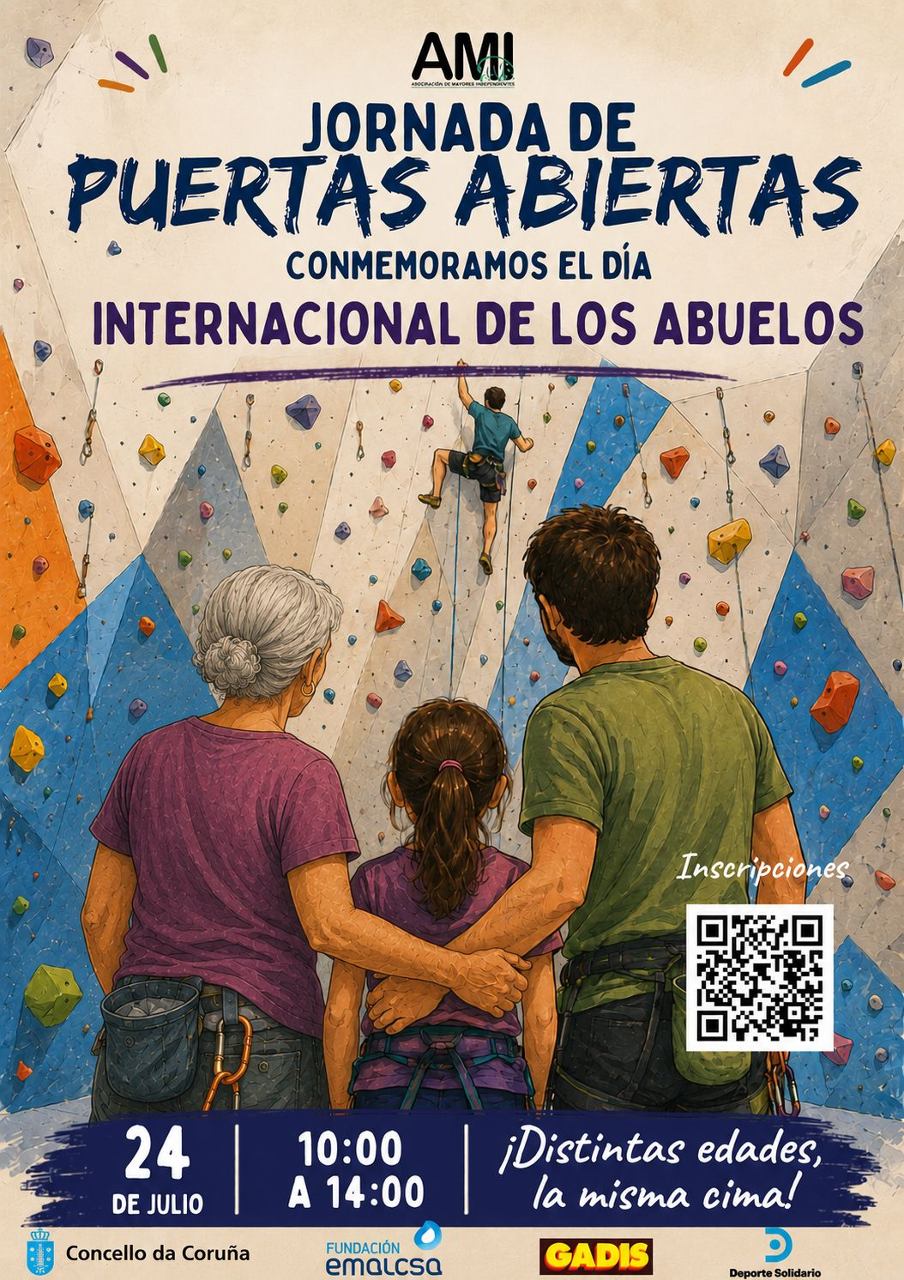 Dos personas adultas y una niña viendo a otra persona joven escalar