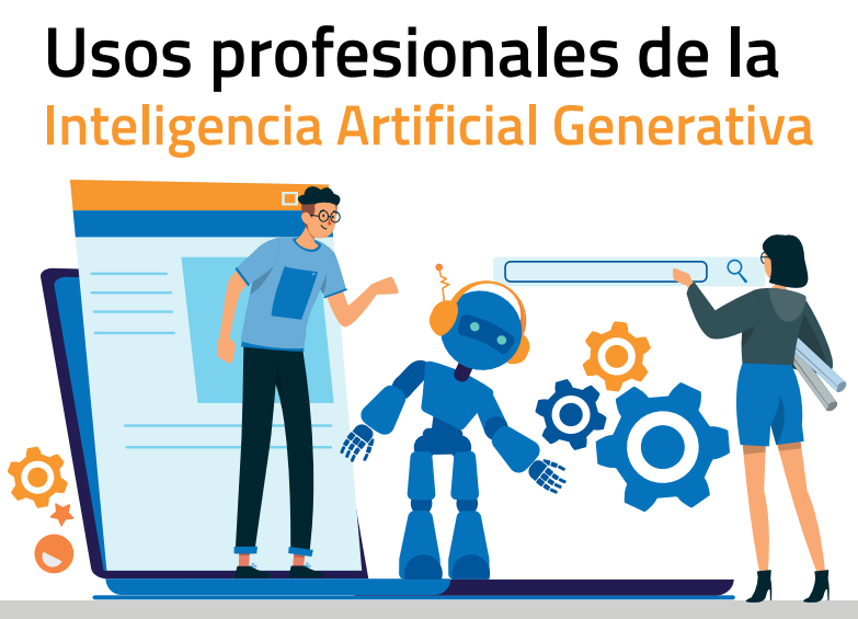 Infografía de dúas persoas interactuando nunha pantalla e un robot.