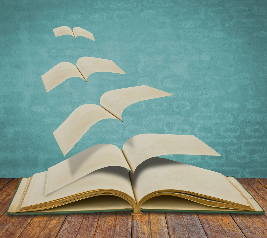 Libro aberto e libros máis pequenos saíndo voando