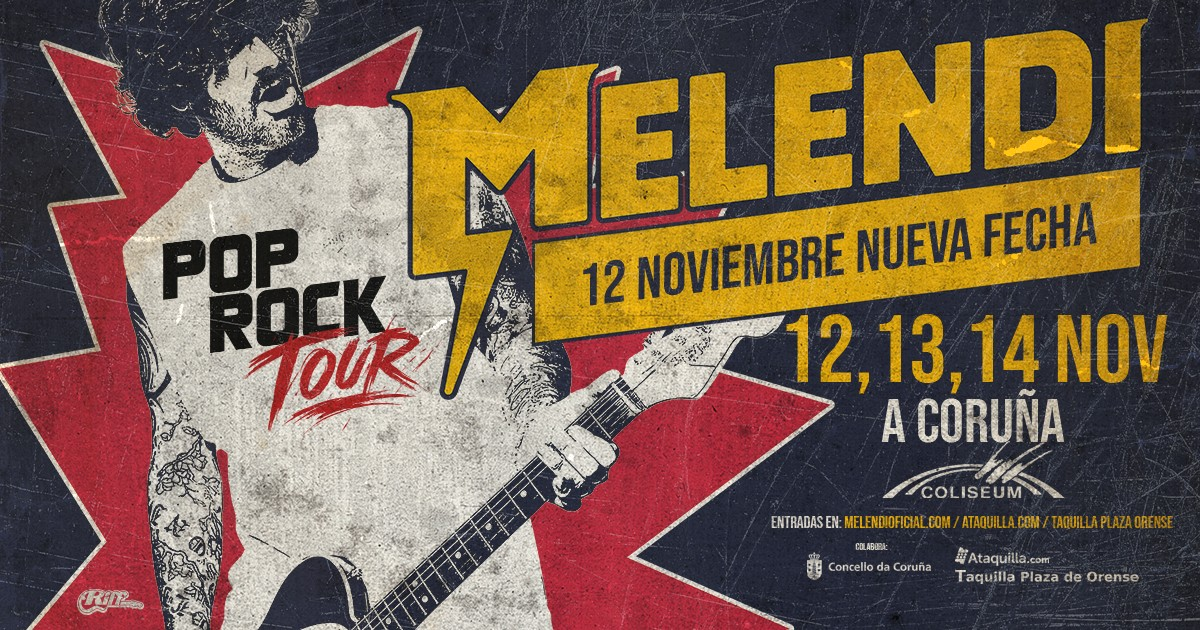 Cartel da xira. Imaxe de Melendi cunha guitarra