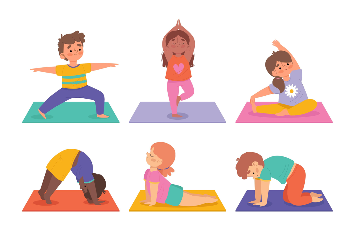 Ilustración nenas e nenos facendo ioga