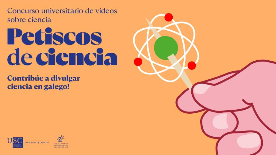 Lambetada en forma de átomo sobre fondo laranxa e o nome do concurso