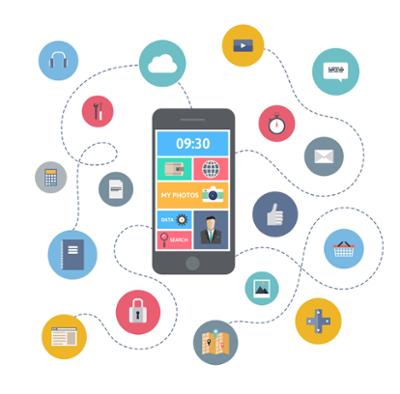 Ilustración de móvil e iconos de redes sociales