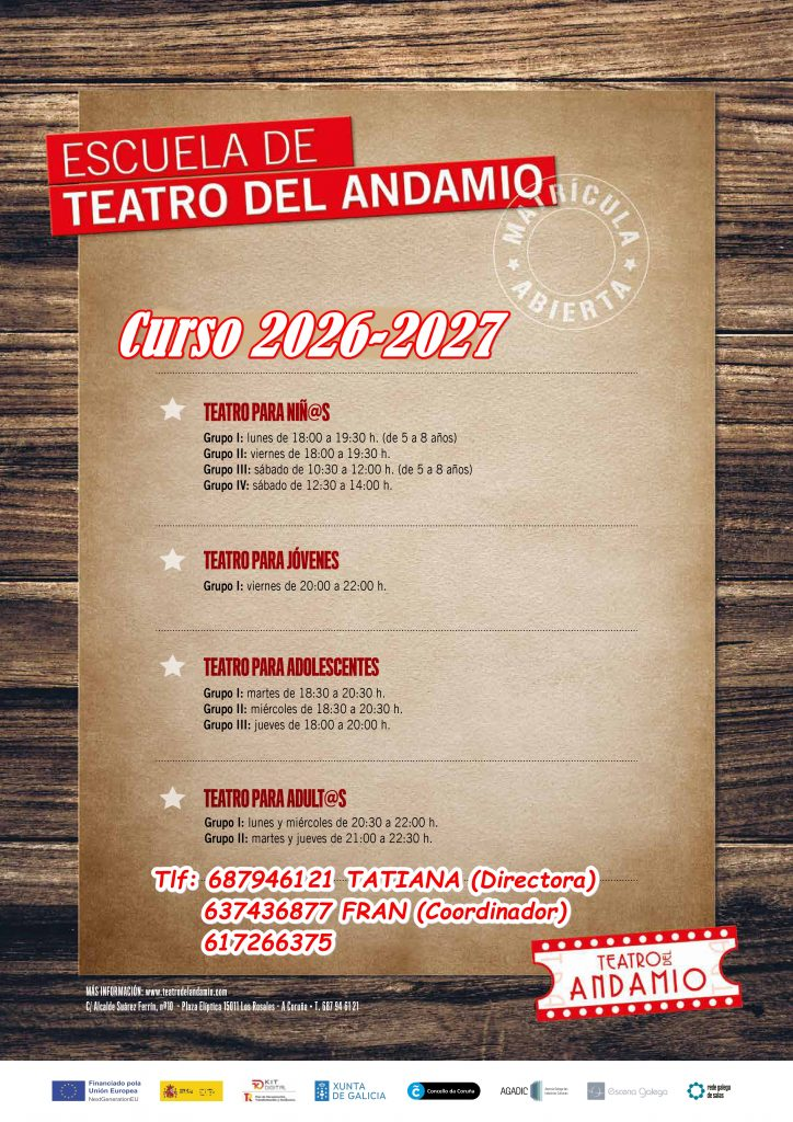 cartel escola teatro con grupos e horarios