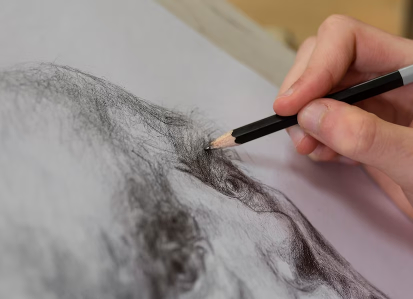 Acode debuxando un retrato mediante a técnica de debuxo a lapis
