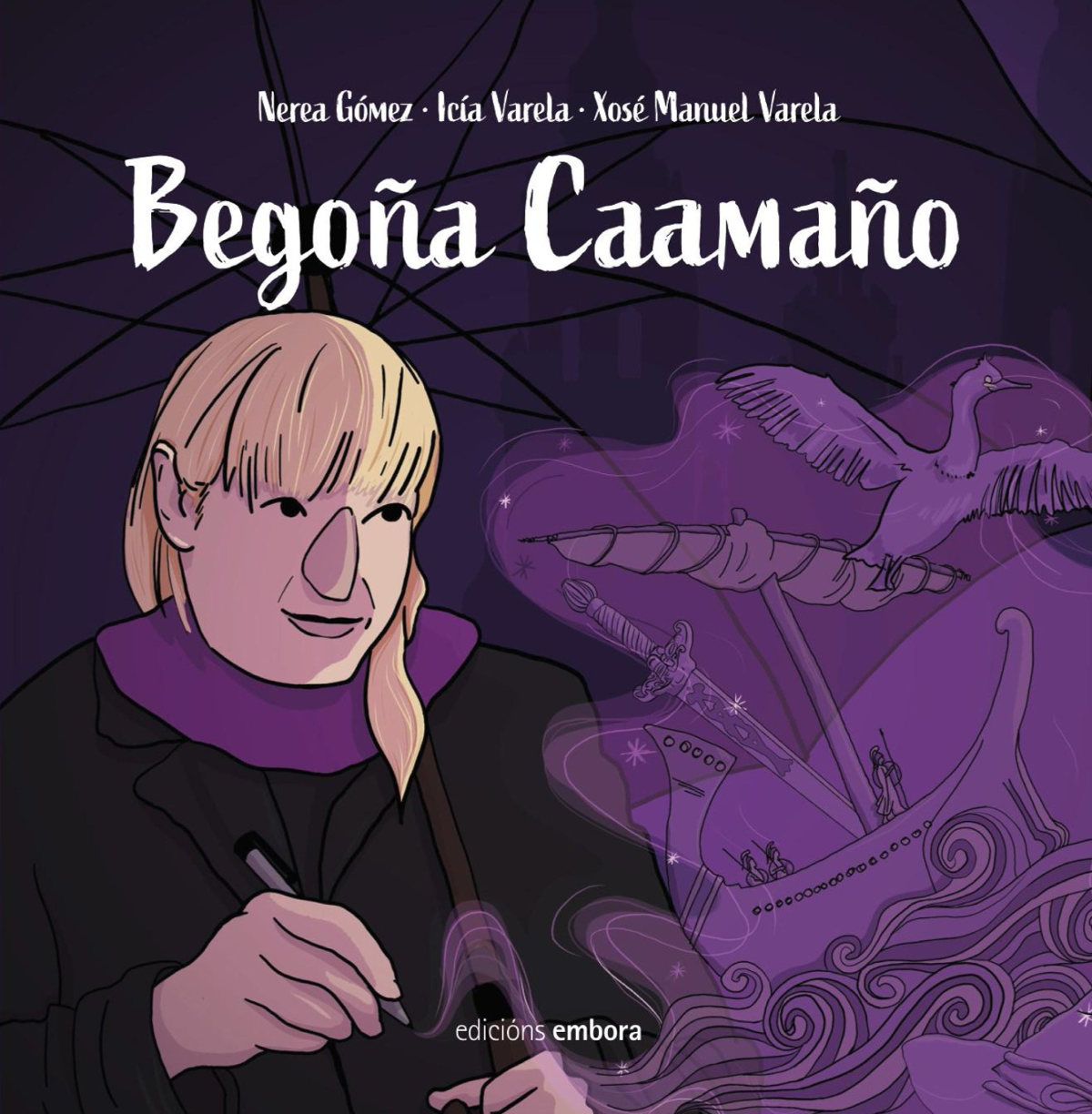 Portada do libro. Ilustración de Begoña Caamaño cun lápis na man